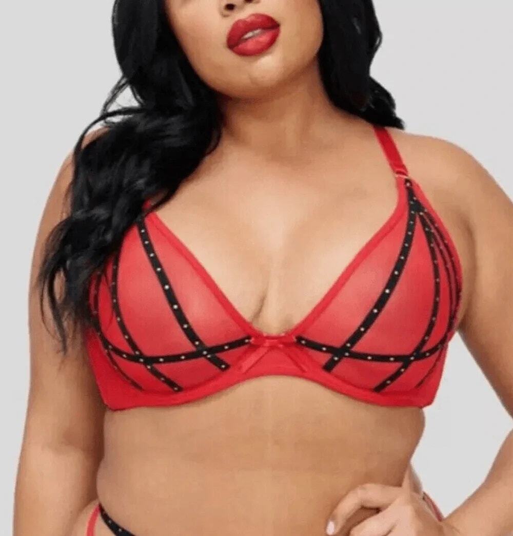 NWT Frederick's of Hollywood Red Rozlyn Mesh Studded Underwire Bra Size 34DD